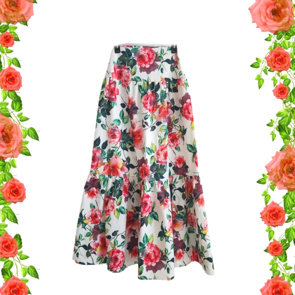 Floral Maxi Skirt w/ Layered Ruffles by Colombian Designer, XS.